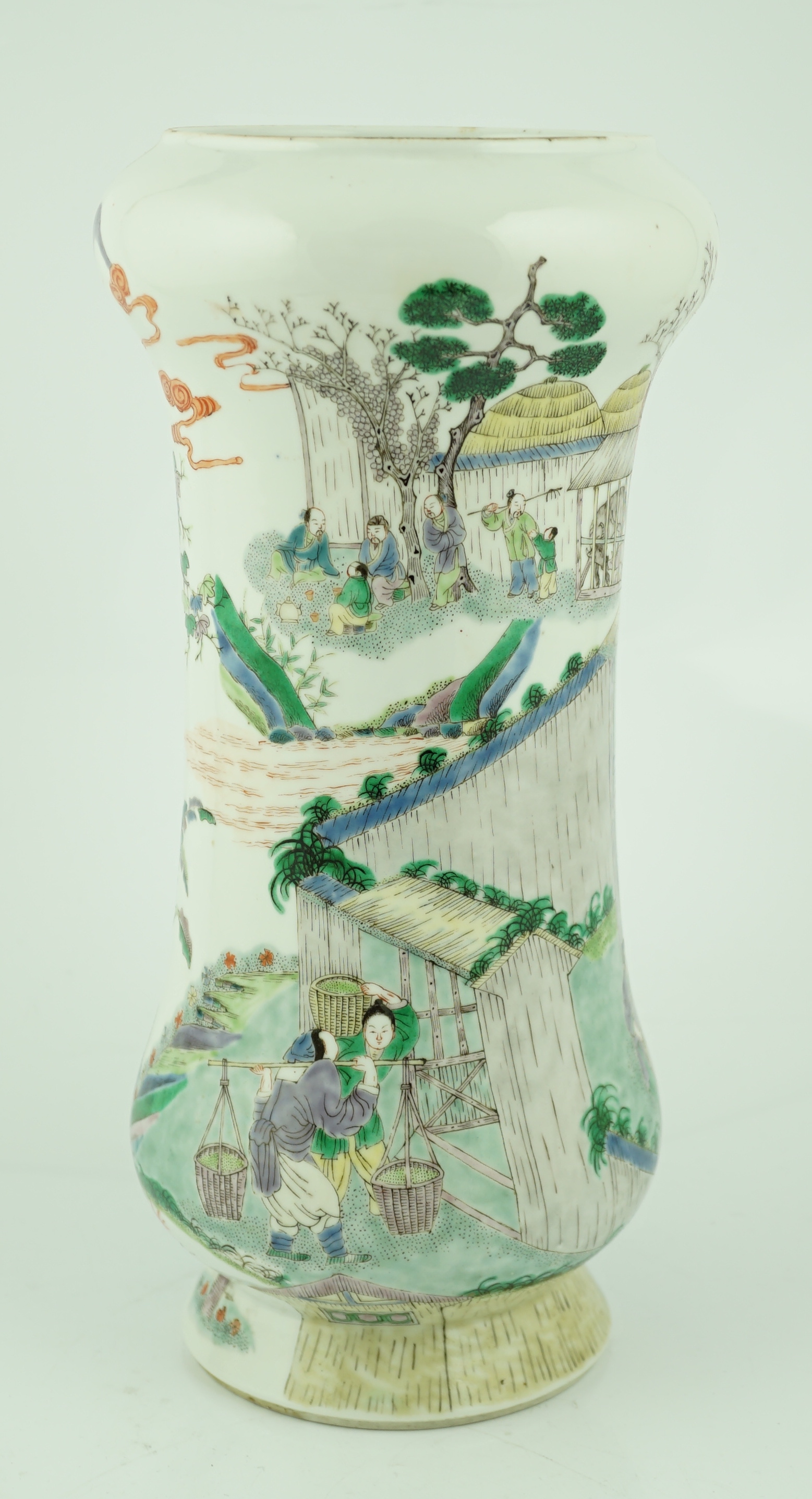 A Chinese famille verte ‘farming’ tall vase, Kangxi mark but late 19th century, crack to neck